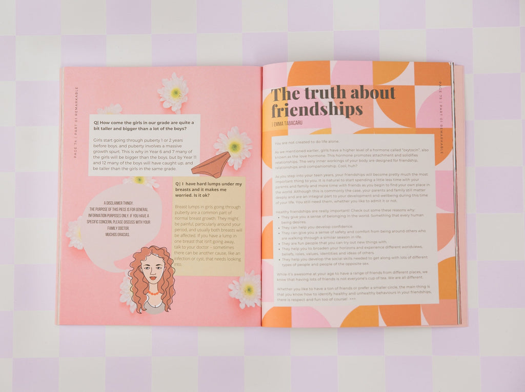 Sample page spread from Pippin Girl Blossom Collection Part 01 Remarkable book. The truth about friendships article with fun illustrations and bold pink and orange shape pattern.