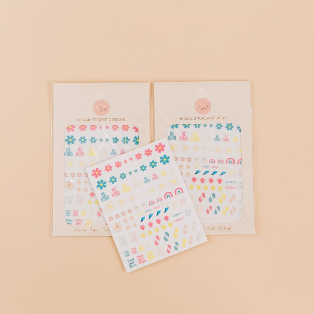 Pippin Girl nail brightly coloured nail stickers for young girls. Designs include flowers, rainbows and inspirational words.
